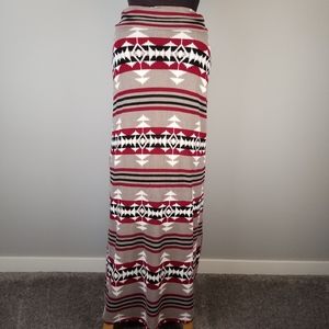 Southwest style red & brown print maxi skirt